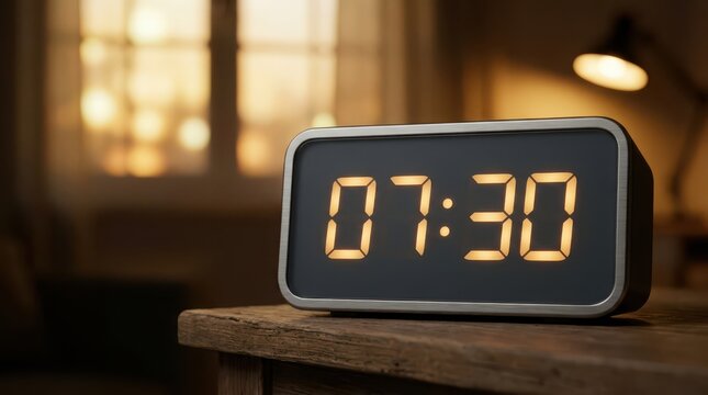 Modern digital alarm clock showing time seven thirty on wooden surface