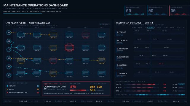An animated maintenance operations dashboard featuring technician scheduling based on predicted equipment failures in a dark-mode design with a factory floor map and task timeline.