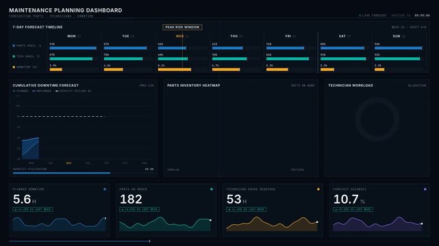 A detailed maintenance planning dashboard showcasing a 7-day forecast for parts and technician availability with a dark-mode interface and visual metrics for downtime management.