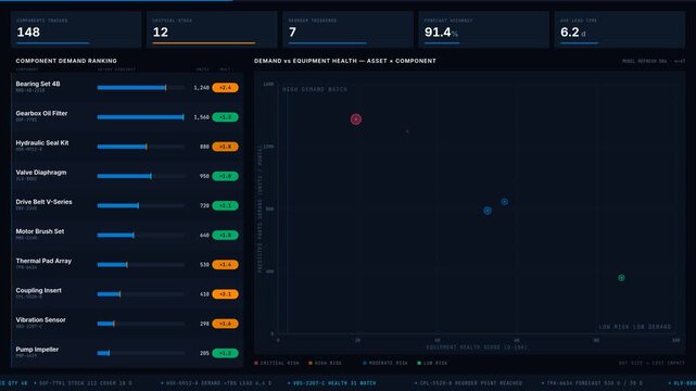 A dark-mode spare parts dashboard showcasing predicted component demand based on equipment health, featuring scatter plots and KPI metrics for effective inventory management.