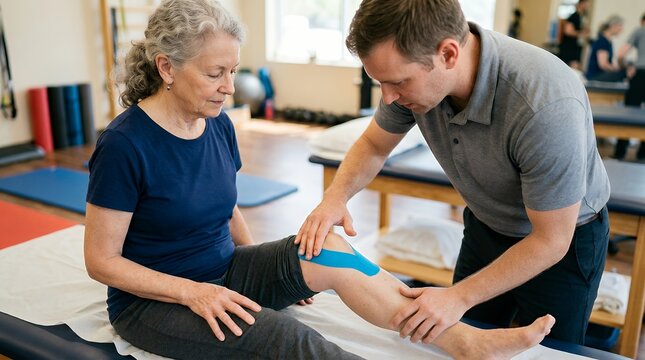 Senior patient receiving kinesiology taping treatment from physical therapist in clinical therapy room