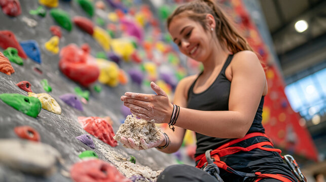 Teenage girl chalking hands before gripping a climbing wall covered in multicolored holds at an indoor rock climbing gym, youth fitness, recreational sport, grip strength training, problem solving m