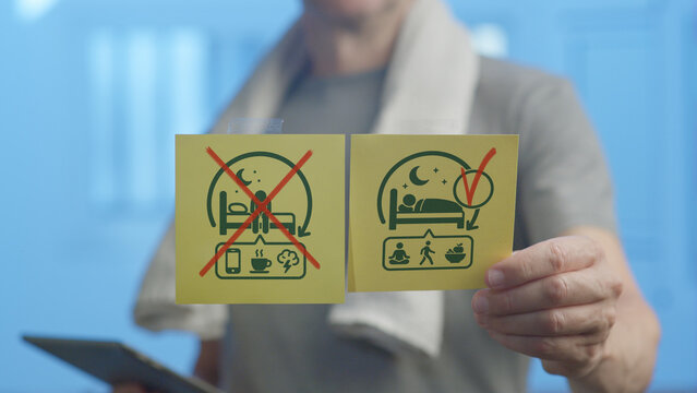 Person holding two sticky notes illustrating good sleep habits like meditation, exercise, and healthy eating versus bad habits like using phones or drinking coffee before bed