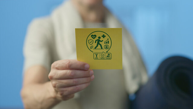 Person is holding a yellow card displaying green icons representing health, fitness, well being, prevention, and lifestyle choices, while preparing for exercise with a yoga mat