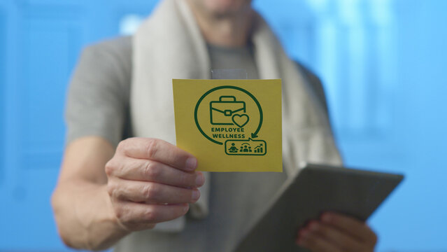 Person in workout clothes holds a yellow sticky note with an employee wellness icon, symbolizing corporate health, work life balance, mental wellbeing and staff support initiatives