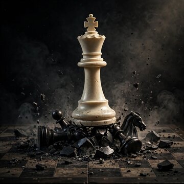 White King Chess Piece Standing Over Defeated Black Pieces, Ultimate Victory
