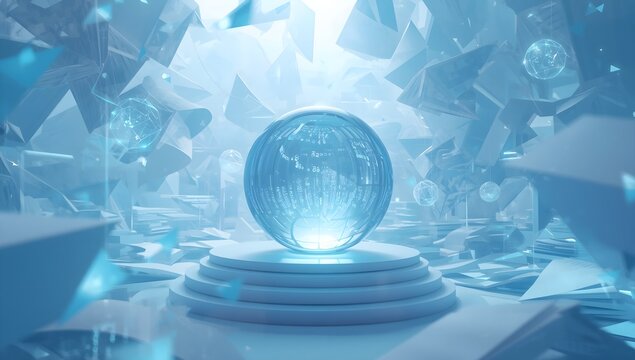 Abstract digital data sphere floating above a pedestal in a futuristic cybernetic cyberspace