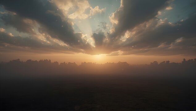Scenic morning landscape featuring rolling hills covered in fog, glowing sunbeams, and sparkling light effects