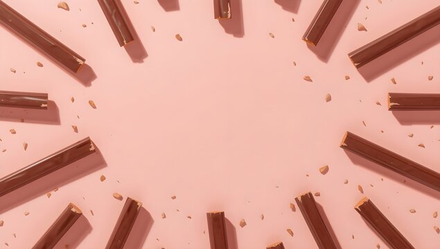 Flat lay border of chocolate wafer sticks and cookie crumbs on a soft pink background