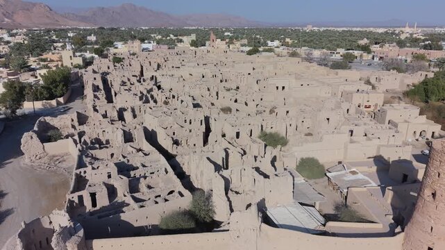 Aerial view of Harat Al Bilad heritage site in Manah, Oman.