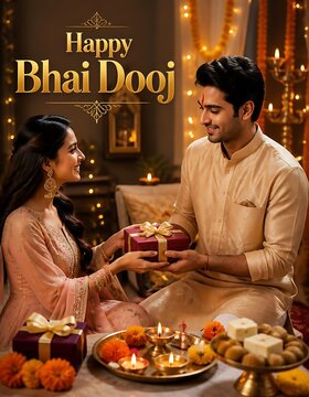 Indian siblings celebrating bhai dooj with gift exchange and traditional rituals
