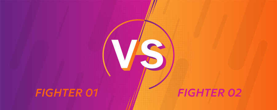Dynamic versus screen background with purple and orange split composition, bold typography and modern geometric details for competitions, battles, games