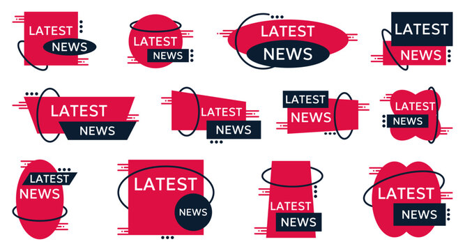 Modern latest news banner collection with bold red and dark geometric shapes for media, journalism, broadcasts, websites, announcements and breaking information