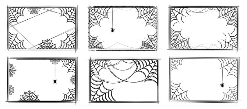 Halloween spider web frame collection with black hand drawn cobweb borders and hanging spiders for spooky invitations, posters, banners, cards and seasonal
