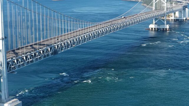 Aerial drone footage of Naruto Bridge and Naruto Strait whirlpools in Tokushima, Japan