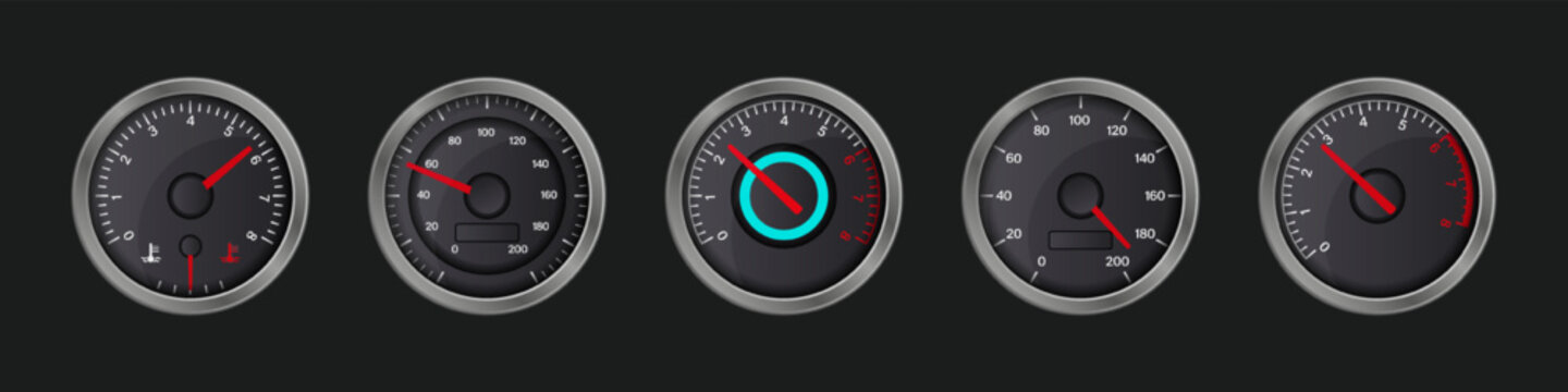 Realistic car dashboard gauge collection with speedometers and tachometers, metallic frames, red needles and detailed scales for automotive interfaces, panels