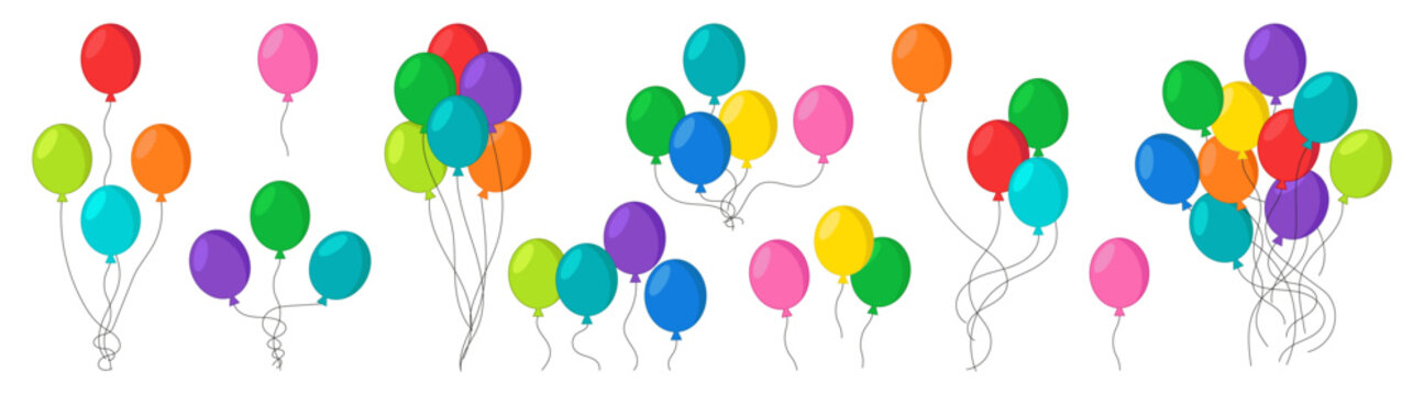 Colorful balloon collection with single balloons and festive bunches in different arrangements for birthdays, parties, celebrations, events, invitations