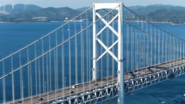 Aerial drone footage of Naruto Bridge and Naruto Strait, Tokushima, Japan