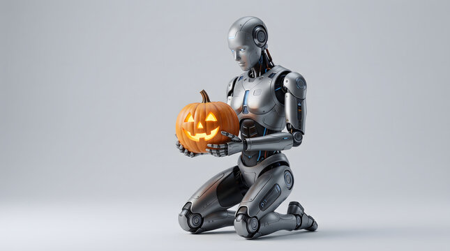 A humanoid robot is holding a carved Halloween pumpkin against a gray background.