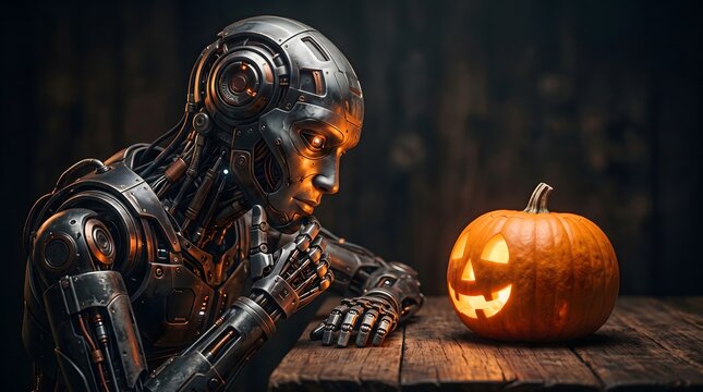 A robot looking thoughtfully at a Halloween pumpkin carved with a smiling face.