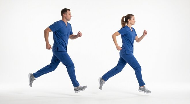 A side view of a young male and female doctor running in blue scrubs