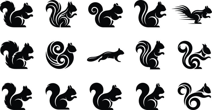 Set of black squirrel silhouettes and icons isolated on a white background design elements