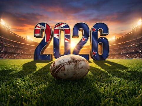 Rugby 2026 stadium scene with australian and new zealand flag numbers