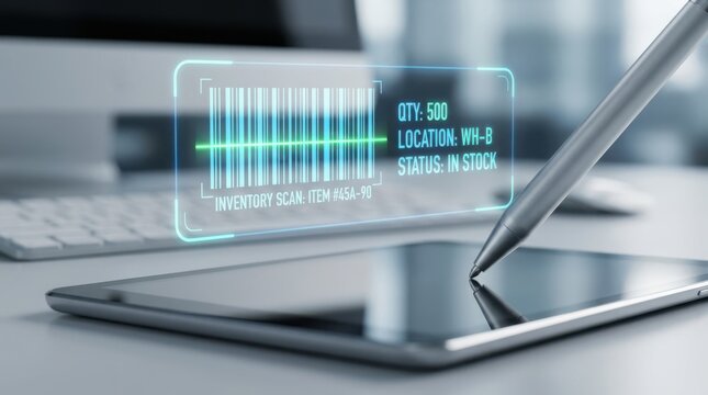 Hand using digital stylus pen on tablet to scan holographic barcode inventory display.