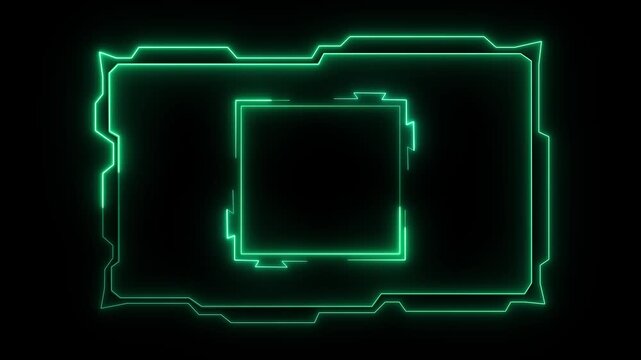 Green neon HUD frame animation glows with futuristic circuit borders. Sci-fi user interface panels outline the neon HUD frame. Modern cyber screen telemetry routes on this neon HUD frame.