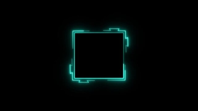Turquoise neon square frame animation glows with sharp cyber lines. Futuristic digital monitor borders shape this neon square frame. Modern sci-fi UI screen displays use the neon square frame.