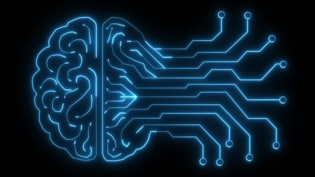 Blue neon brain animation integrates with active cyber circuit paths. Artificial intelligence neural data links the neon brain. Modern machine learning computing drives this neon brain.