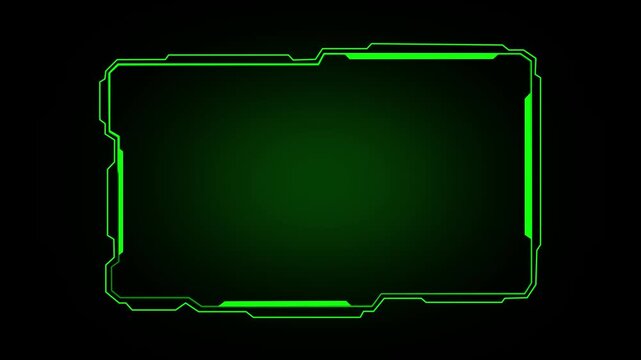 Green digital interface frame animation glows with sleek cyber lines. High tech telemetry screen panels outline the interface frame. Modern sci-fi dashboard displays use the interface frame.