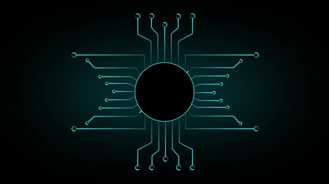 Cyan circuit board animation connects around a central dark circle. High speed computing hardware data routes on the circuit board. Electronic motherboard technology drives the circuit board.