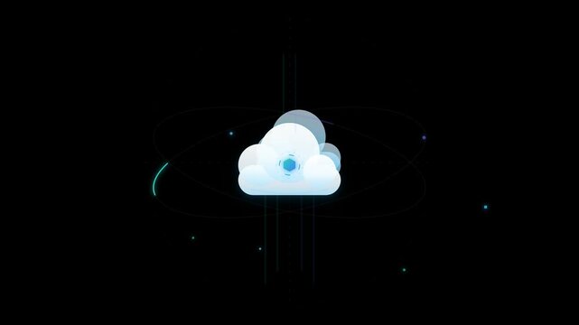 Cloud Computing Data Network Animation with Orbiting Particles on Black