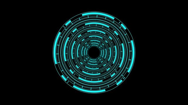 Concentric rings animation pulses with cyan digital cyber patterns. Futuristic radar target telemetry coordinates guide the rings. High tech surveillance systems monitor on concentric rings.