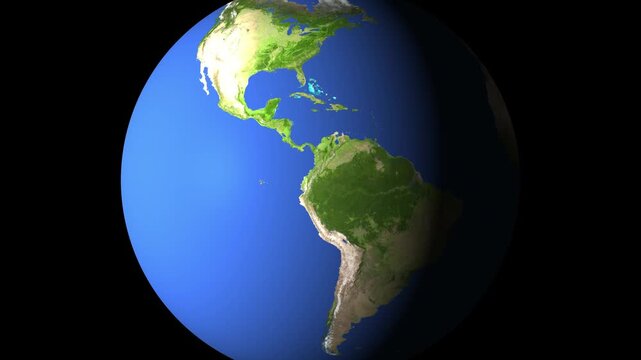 Realistic 3D Earth globe animation rotates showing the Americas. Continental satellite cartography coordinates frame Earth globe. Worldwide telecommunication networks route on the Earth globe.