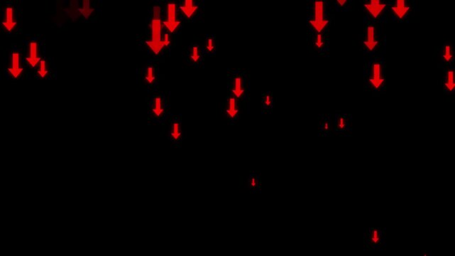 Falling red arrows animation tracks a steep downward market loss. Negative financial business trading reflects on falling red arrows. Declining economic performance guides the falling red arrows.