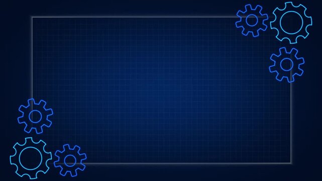 Blue blueprint animation displays industrial gears inside a frame. Technical architectural engineering coordinates the blueprint. Mechanical drafting workflows use this active blue blueprint.
