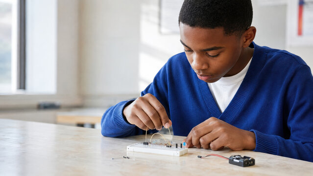 Boy assembles a small electronic circuit on a breadboard at a table indoors, learning hands-on technology skills in a classroom or workshop setting.