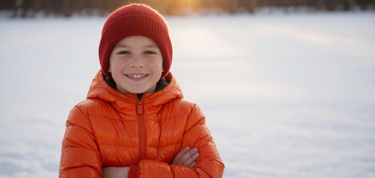 Joyful portrait of a young boy in an orange puffer jacket enjoying a winter walk in a snowy park setting during Christmas.