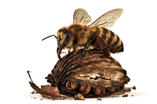 Honey bee perched on a textured, cracked walnut shell isolated on white background