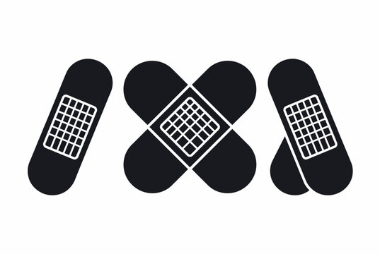 Adhesive bandage solid icon set. Features medical plaster symbols. Solid vector icons for healthcare, first aid, and hospital treatment.