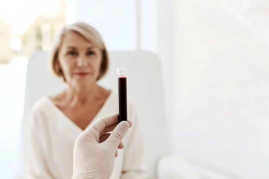 Blood sample held by a clinician with an older woman in the background, illustrating biological age testing, aging biomarkers and longevity medicine