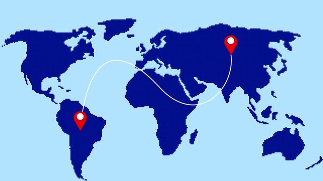 Pixelated world map animation tracks a flight route between continents. Global aviation travel navigation coordinates on the world map. International tourism itinerary telemetry guides the world map.