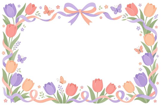 Floral border frame decorated with soft purple orange and pink tulips pastel ribbons and butterflies isolated on white background for greeting card designs.