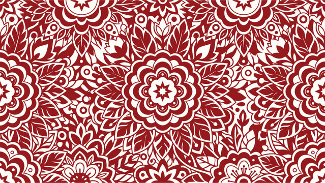 Intricate red and white mandala inspired floral pattern with ornate circular symmetry and repeating motifs. Flat vector illustration EPS 10.