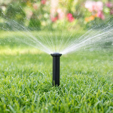 A black lawn sprinkler sprays water across lush green grass in a landscaped garden. Irrigation supports healthy lawn growth and outdoor maintenance.