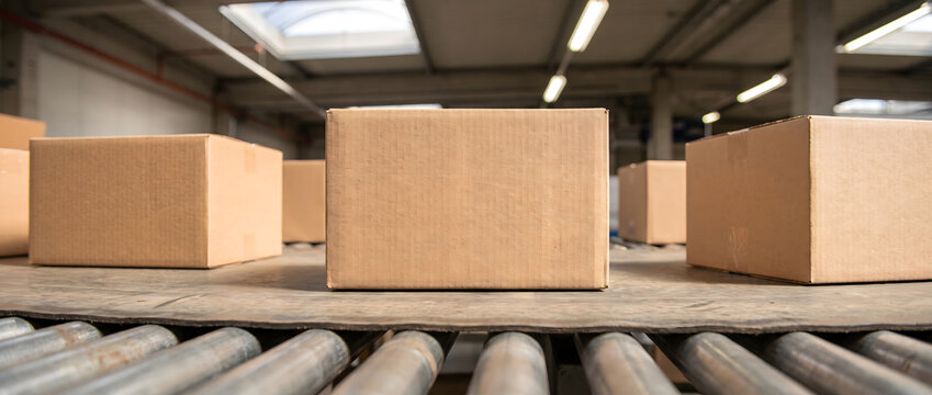 Brown cardboard boxes on a roller conveyor in an indoor warehouse for logistics and distribution operations.