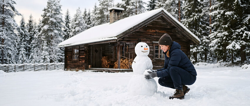 An adult woman crouches to build a snowman outside a snow-covered wooden cabin in a winter forest.