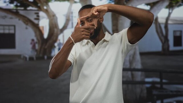 Man young african american in white polo smiling and framing his face with hands in front of building courtyard; playful creativity.